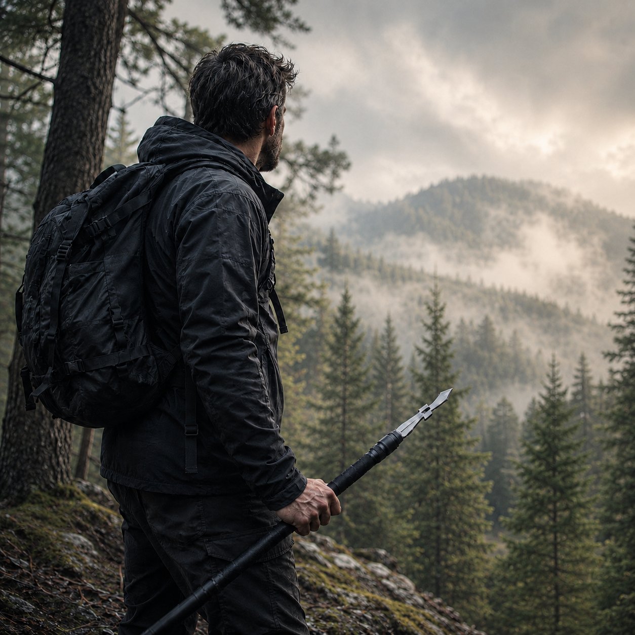 Hiker alone in misty woods holding the TrailGuard with spear tip, ready in the wild