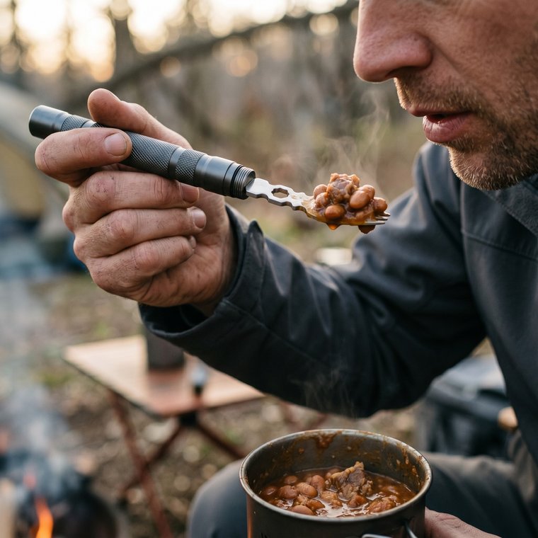 Eating a camp meal with the fork tool