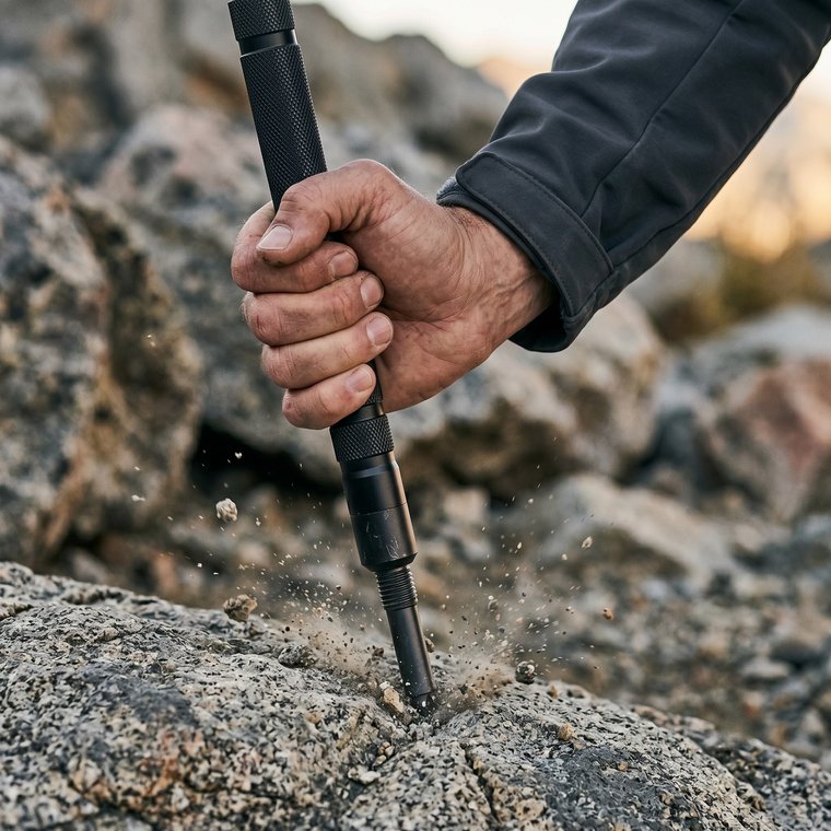 Tungsten tip biting into rock