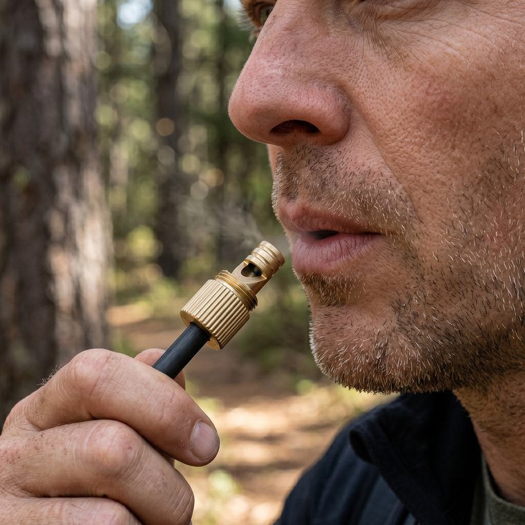 Blowing the emergency whistle on the trail