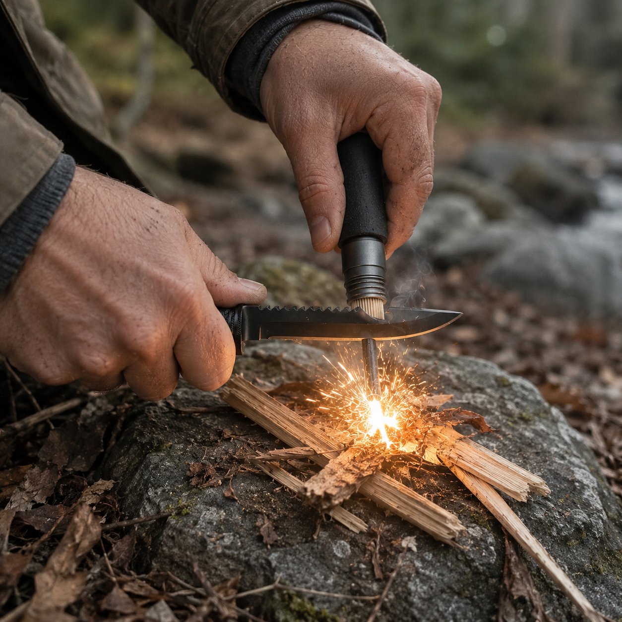 Striking the TrailGuard fire starter against the knife — sparks onto tinder in the wild