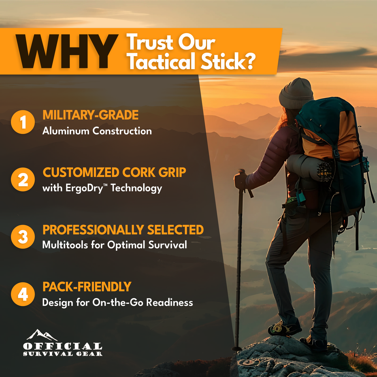 TrailGuard survival stick — modular pole sections and cork handle