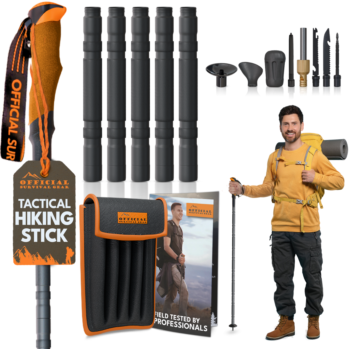 TrailGuard tactical hiking stick assembled with cork handle
