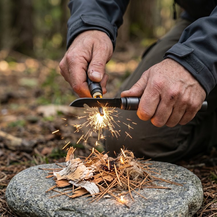 Fire starter throwing sparks onto tinder