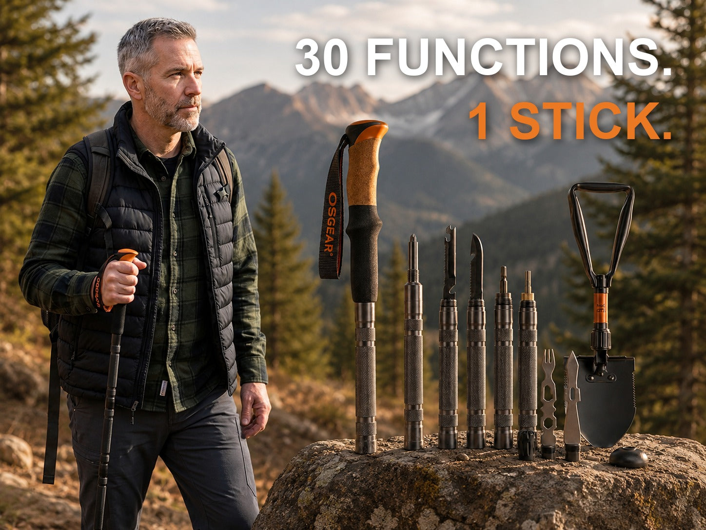 TrailGuard hiking stick with all 14 tools laid out — 30 functions, 1 stick