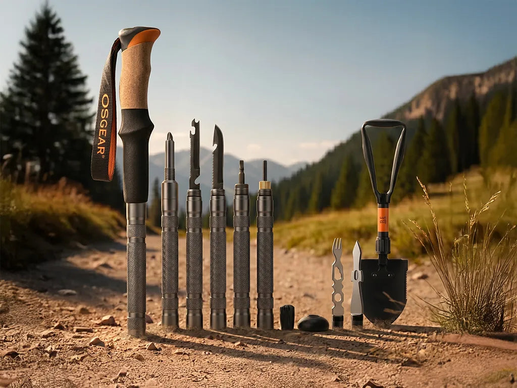 The Official Survival Gear lineup laid out on the trail