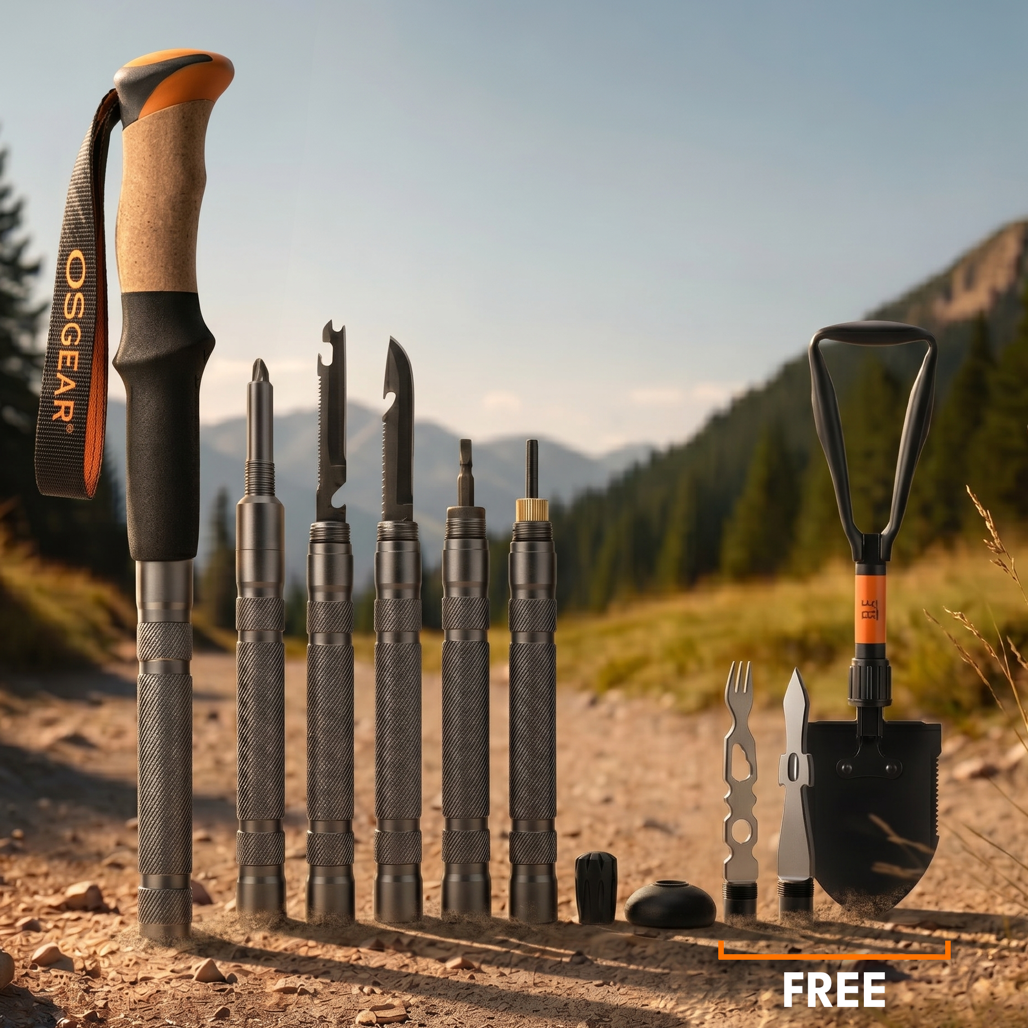 TrailGuard 30-in-1 survival stick with free shovel — full kit laid out on a mountain trail